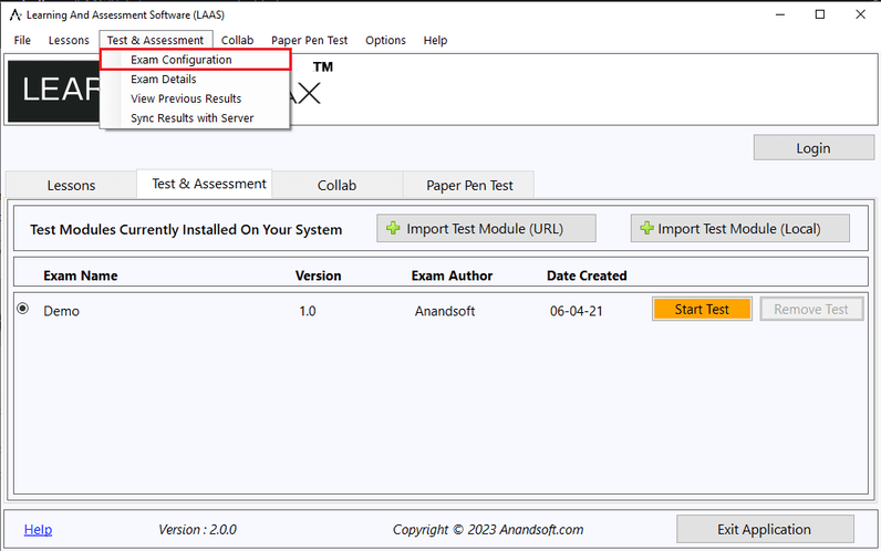 Exam Configuration screen 1