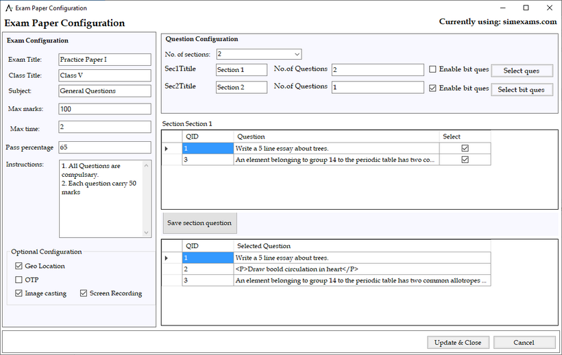 Exam Configuration screen 2