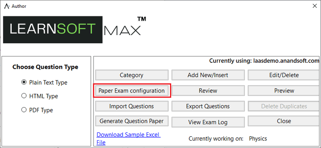 Exam Configuration screen 2