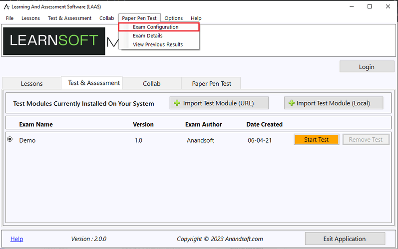 Exam Configuration screen 2