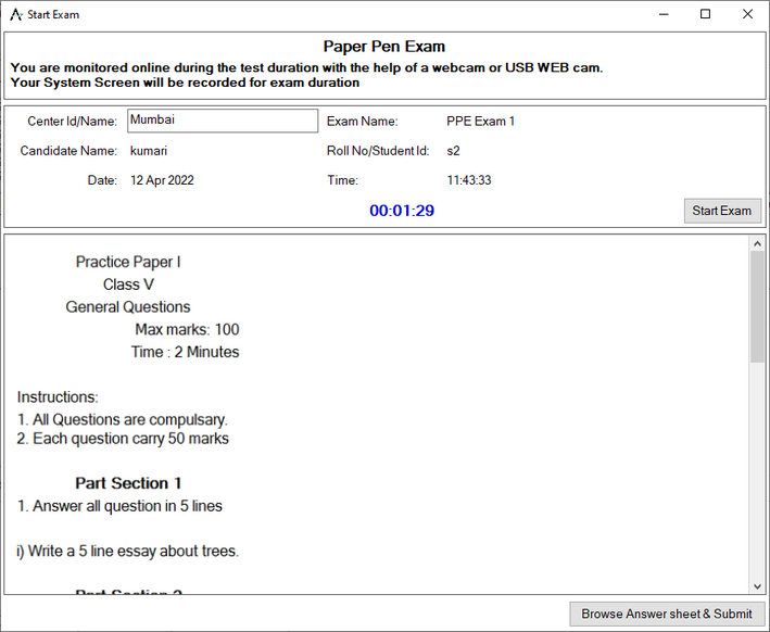 Exam screen 1