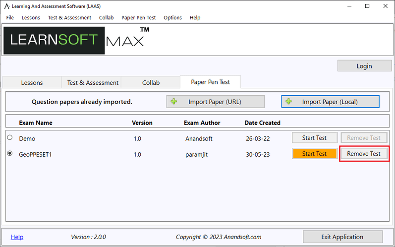 Remove Test Module screen 1